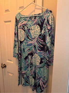 Lilly Pulitzer Teal, Navy & Purple Tropical-Print Long Sleeve Dress